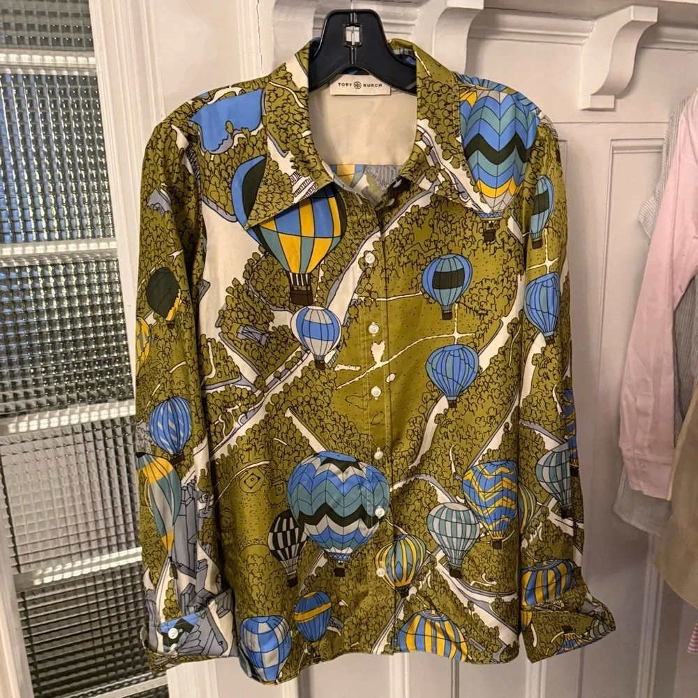 Tory Burch Green and Blue Hot Air Balloon Print Silk Twill Blouse Size 8 EUC